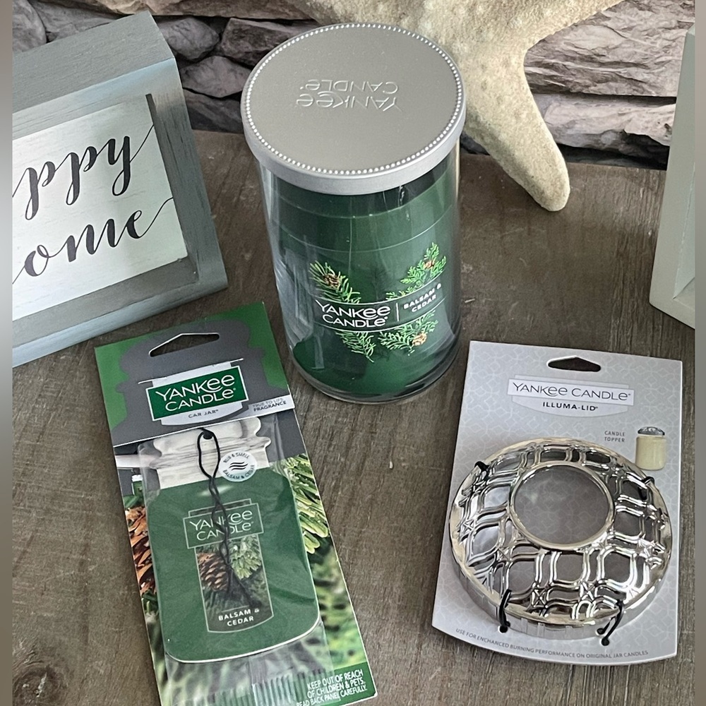 YANKEE CANDLE BALSAM & CEDAR BUNDLE -14.5 OZ CANDLE, CAR JAR & ILLIMA-LID NEW!!